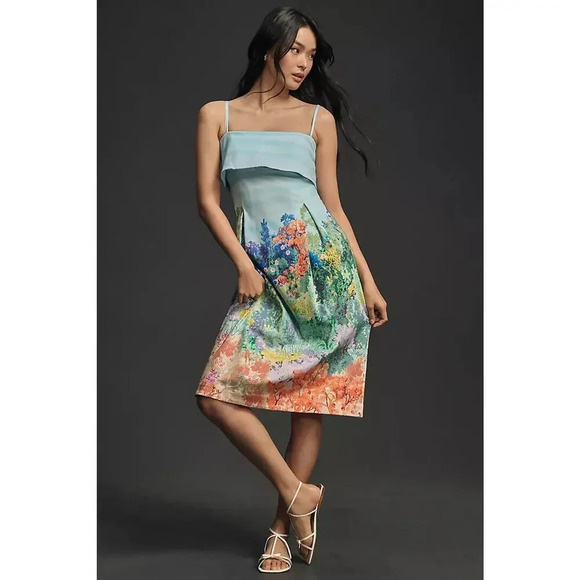 NWT By Anthropologie Sleeveless Foldover Knee-Length Dress Size M Floral #9E415 - Picture 1 of 10